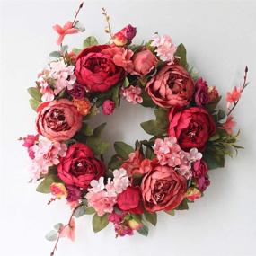 img 4 attached to 🌺 Burgundy Peony Flower Wreath: Handmade 16" Artificial Door Wreath for Home Decor, Wedding, and Office