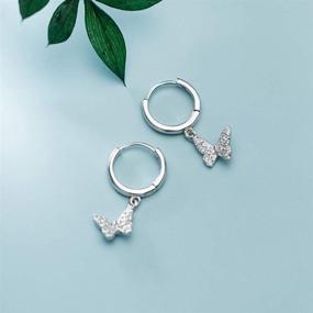 img 2 attached to 🦋 Dainty Butterfly Dangle Hoop Earrings 925 Sterling Silver - Sparkly CZ Crystal-Encrusted Charm Drop - Small Huggie Hoops - 10mm Fashion Jewelry for Women & Girls - Hypoallergenic - Perfect Christmas Gift