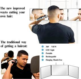 img 1 attached to 🪞 LED Light 360° Tri-Fold Mirror: Height Adjustable Neckline Shaving Template - 3 Way Mirror with Telescoping Hooks for Effortless Self Hair Cutting