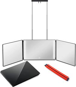 img 4 attached to 🪞 LED Light 360° Tri-Fold Mirror: Height Adjustable Neckline Shaving Template - 3 Way Mirror with Telescoping Hooks for Effortless Self Hair Cutting
