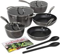 cooking light inspire non-stick cookware set: dishwasher & oven safe pots and pans, glass lids with steam venting, 2 nylon tools, 10 piece, gunmetal gray logo