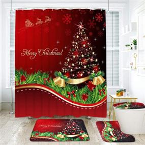 img 3 attached to Uspring Merry Christmas Shower Curtain Set: Xmas Tree Ball Snowflake Red Design with Non-Slip Rugs, Bath Mat, Lid Cover, and 12 Hooks - Perfect for Christmas Decoration