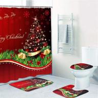 uspring merry christmas shower curtain set: xmas tree ball snowflake red design with non-slip rugs, bath mat, lid cover, and 12 hooks - perfect for christmas decoration logo