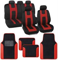 bdk forza series red seat covers full set combo with car floor mats – front and rear bench seat cover &amp; floor mat protector set, auto truck van suv interior accessories logo