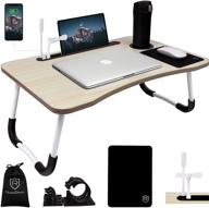 🛏️ upgraded rhinospace bed table for laptop with usb ports, cupholder, mouse mat, lamp, fan & 5 cable organizers - beige logo