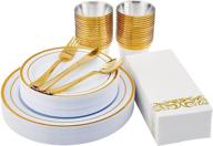 exquisite 210pcs disposable dinnerware set: gold party supplies for graduation, birthday, cocktail party - includes 30 gold rim plastic plates, cutlery, cups, and linen paper napkins logo