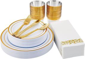 img 4 attached to Exquisite 210PCS Disposable Dinnerware Set: Gold Party Supplies for Graduation, Birthday, Cocktail Party - Includes 30 Gold Rim Plastic Plates, Cutlery, Cups, and Linen Paper Napkins
