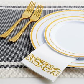 img 2 attached to Exquisite 210PCS Disposable Dinnerware Set: Gold Party Supplies for Graduation, Birthday, Cocktail Party - Includes 30 Gold Rim Plastic Plates, Cutlery, Cups, and Linen Paper Napkins