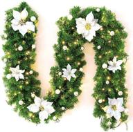 🎄 9ft pre-lit artificial christmas garland with green rattan, silver flower decorations, and battery-operated led lights - ideal for indoor/outdoor home stairs, fireplace, front porch, and door display - festive christmas decor logo