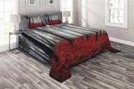 ambesonne forest coverlet: mystical fantasy woodland in heavy fog with tall trees, bushes, and contrast colors - 3 piece decorative quilted bedspread set including 2 pillow shams - queen size - black and red logo
