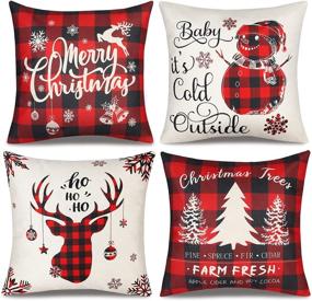 img 4 attached to 🎄 ButyHome Christmas Pillow Covers 18×18 Inch Set of 4 Farmhouse Deer Pillowcase - Black and Red Plaid Linen Throw Pillow Covers for Sofa Couch - Christmas Decorations Cushion Pillow Case for Holiday Decor