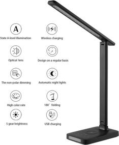 img 3 attached to 💡 Wireless Charging LED Desk Lamp with USB Port, 5 Brightness Settings, Touch Control, Auto Timer, Eye-Friendly Dimmable Table Light for Home Office - Black (Adapter Included)