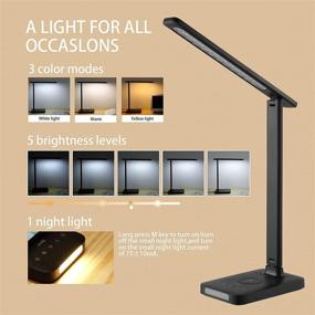 img 2 attached to 💡 Wireless Charging LED Desk Lamp with USB Port, 5 Brightness Settings, Touch Control, Auto Timer, Eye-Friendly Dimmable Table Light for Home Office - Black (Adapter Included)