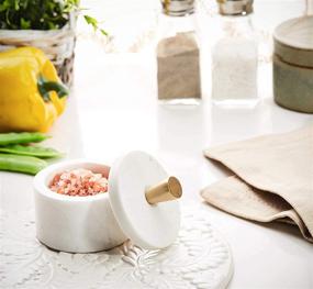 img 1 attached to 🧂 Queenza White Marble Salt and Pepper Bowls with Lid - Premium Brass Knob - 3 Inch Small Salt Cellar for Kosher Salt Storage - Easy To Pinch Pots - Marble Box of Spices