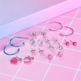 img 3 attached to Bevan Hypoallergenic Stainless Steel Mix Color Girls Stud Earrings Sets – Unicorn, Mermaid, Dolphin, Tassel, Rainbow Heart CZ – Teens Girls Earrings Set