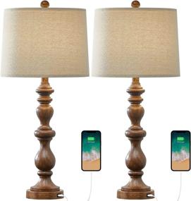 img 2 attached to 🔌 OYEARS USB Table Lamp Set of 2 for Living Room Resin 27 3/4" H Retro Lamp with 2 USB Port for Bedroom Vintage Decor (Brown 333)