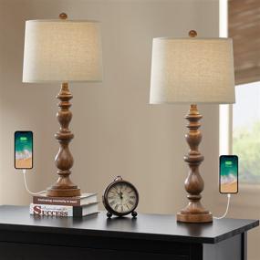 img 3 attached to 🔌 OYEARS USB Table Lamp Set of 2 for Living Room Resin 27 3/4" H Retro Lamp with 2 USB Port for Bedroom Vintage Decor (Brown 333)