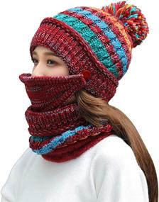 img 4 attached to 🧣 Women's Fleece Lined Knit Beanie Hat Scarf Mask Set - Warm and Soft Winter Slouchy Skull Cap with Pom