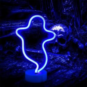 img 4 attached to Spooky Ghost Neon Night Lights - Perfect Christmas Decor for Kids and Teens! - Ghost Shape LED Lamp with Holder Base (Blue)