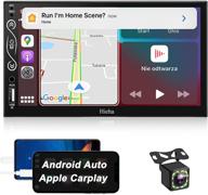 7-inch double din car stereo with bluetooth, apple carplay/android auto, hieha touch screen car radio with backup camera, am/fm, mirror link, voice control, swc logo