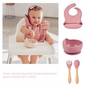 img 3 attached to Silicone Baby Feeding Set with Suction Bowls, Adjustable Bid Training Spoon & Fork, BPA Free, First Stage, Self Feeding, Led Weaning, Baby Feeder Supplies, Kids Utensils 6 Months+ (Dusty Rose)