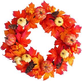 img 4 attached to 🍁 15 Inch Autumn Harvest Thanksgiving Door Wreath - Festive Fall Décor for Front Door with Pumpkins, Maple Leaves, and Artificial Berries