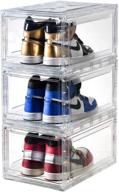 bbyb 3pcs shoe box: clear stackable storage with drop front, magnetic door, 360 degree full visibility logo