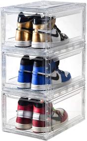 img 4 attached to BBYB 3Pcs Shoe Box: Clear Stackable Storage with Drop Front, Magnetic Door, 360 Degree Full Visibility