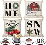 🎄 farmhouse christmas pillow covers 18x18 with bonus coasters - classic buffalo plaid snow home winter pillows 18x18 set of 4 - truck tree couch cushion - rustic decor logo