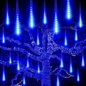 img 4 attached to Blue Christmas Meteor Shower Rain Lights, Waterproof Extendable 30cm 8 Tube 192 LEDs Falling Rain Drop Icicle Lights for Outdoor Garden House Window Xmas Tree Decoration