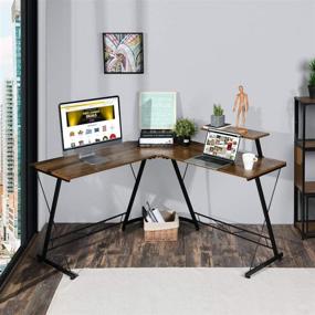 img 2 attached to 🖥️ CozyCasa L-Shaped Computer Desk, L-Shaped Corner Desk with 1 Shelf, Large Gaming Desk for Home Office in Vintage Brown