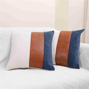 img 3 attached to 🛋️ Faux Leather Sofa Throw Pillow Covers - 18x18 Square Boho Decor for Living Room, Patio Furniture, and Fall Farmhouse Aesthetic - Set of 2 Brown Covers with Navy Blue Accents