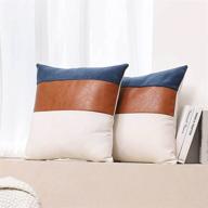 🛋️ faux leather sofa throw pillow covers - 18x18 square boho decor for living room, patio furniture, and fall farmhouse aesthetic - set of 2 brown covers with navy blue accents логотип