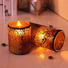 img 2 attached to 🕯️ 3x6 Inch Battery Operated Red Mosaic Glass LED Timer Real Wax Flameless Candle for Home Table Lantern Decoration