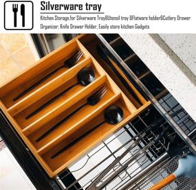 img 2 attached to Bamboo Kitchen Utensil Tray Drawer Organizer - 10 INCHES, Silverware and Cutlery Holder, Office and Makeup Desk Drawer Dividers Insert, Flatware and Knife Storage Organizers