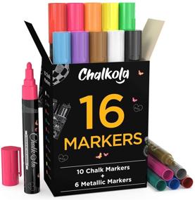 img 4 attached to 🎨 Жидкие маркеры для мела Chalkola - комплект из 16 ярких цветов - стираемые чернила - 6 мм обратимый наконечник пули и долото - идеально для доски, магнитных досок, окна, стекла, бистро и многое другое