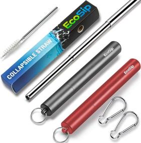 img 4 attached to 2 Pack EcoSip Collapsible Telescopic Straw: Metal Stainless Steel, Reusable Folding Drinking Straws for Home & Travel with Key Ring Case, Silicone Tip - Gunmetal Red