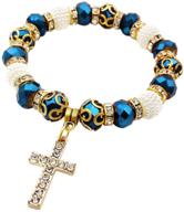 catholic deep blue crystal beads wrist rosary bracelet with crystallized cross - adjustable elastic bangle logo