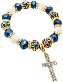 img 3 attached to Catholic Deep Blue Crystal Beads Wrist Rosary Bracelet with Crystallized Cross - Adjustable Elastic Bangle