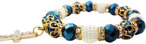 img 2 attached to Catholic Deep Blue Crystal Beads Wrist Rosary Bracelet with Crystallized Cross - Adjustable Elastic Bangle