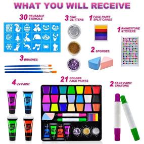 img 3 attached to 🎨 Non-Toxic Face Paint Kit - 21 Colors, UV Paint, Brushes, Stencils, Glitters & More: Perfect for Kids and Adults!