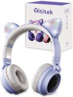 🐱 tititek blue cat headphones gaming headset with cute cat ear design, wireless over-ear led stereo headphone, fm radio tf card mp3 point bluetooth headset with microphone for girls (blue-grey) logo