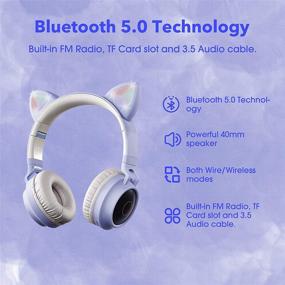 img 2 attached to 🐱 Tititek Blue Cat Headphones Gaming Headset with Cute Cat Ear Design, Wireless Over-Ear LED Stereo Headphone, FM Radio TF Card MP3 Point Bluetooth Headset with Microphone for Girls (Blue-Grey)