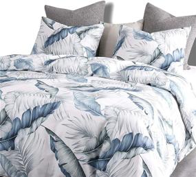 img 2 attached to 🌴 Wake In Cloud - Tropical Palm Tree Banana Leaf Printed Comforter Set, 100% Cotton with Soft Microfiber Fill Bedding, Blue Green Design on White (3pcs, Queen Size)