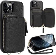 zve iphone 11 pro max zipper wallet case with credit card holder slot, wrist strap handbag purse protective case - black, 6.5 inch logo