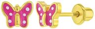 gold plated pink polka dot butterfly safety screw back baby earrings – sweet and adorable enamel jewelry gift for toddler girls and butterfly enthusiast kids, 5mm size logo