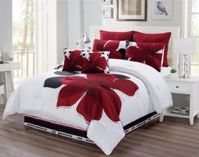 img 2 attached to 🌸 Floral Oversize Comforter Set - 8 Piece King Size Bedding in Burgundy Red, Black, White, and Grey Fine Print