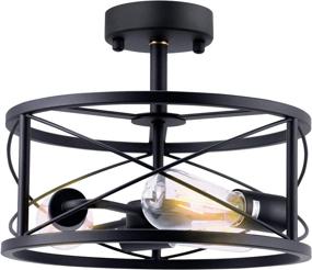 img 4 attached to Semi Flush Mount Industrial Ceiling Light with Metal Cage, 🔦 Black Farmhouse Style Fixture for Hallway, Entryway, Bedroom, Dining Room, By COCOSIST