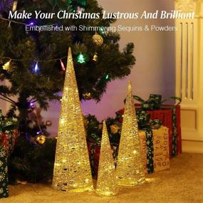 img 2 attached to 🎄 Lewondr Christmas Cone Tree LED Light Set - Battery Operated Exquisite Glittering Xmas Tree Decorations for Indoor Outdoor Use - Festival Home Décor (24"/18"/12") in Gold
