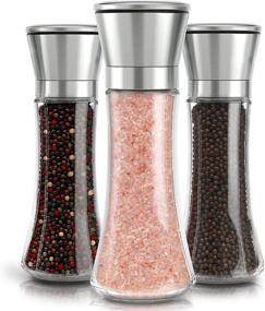 img 4 attached to 🧂 Adjustable Coarseness Salt and Pepper Grinder Set - Brushed Stainless Steel and Glass Body Shakers (3 Pack) [As illustrated in picture]